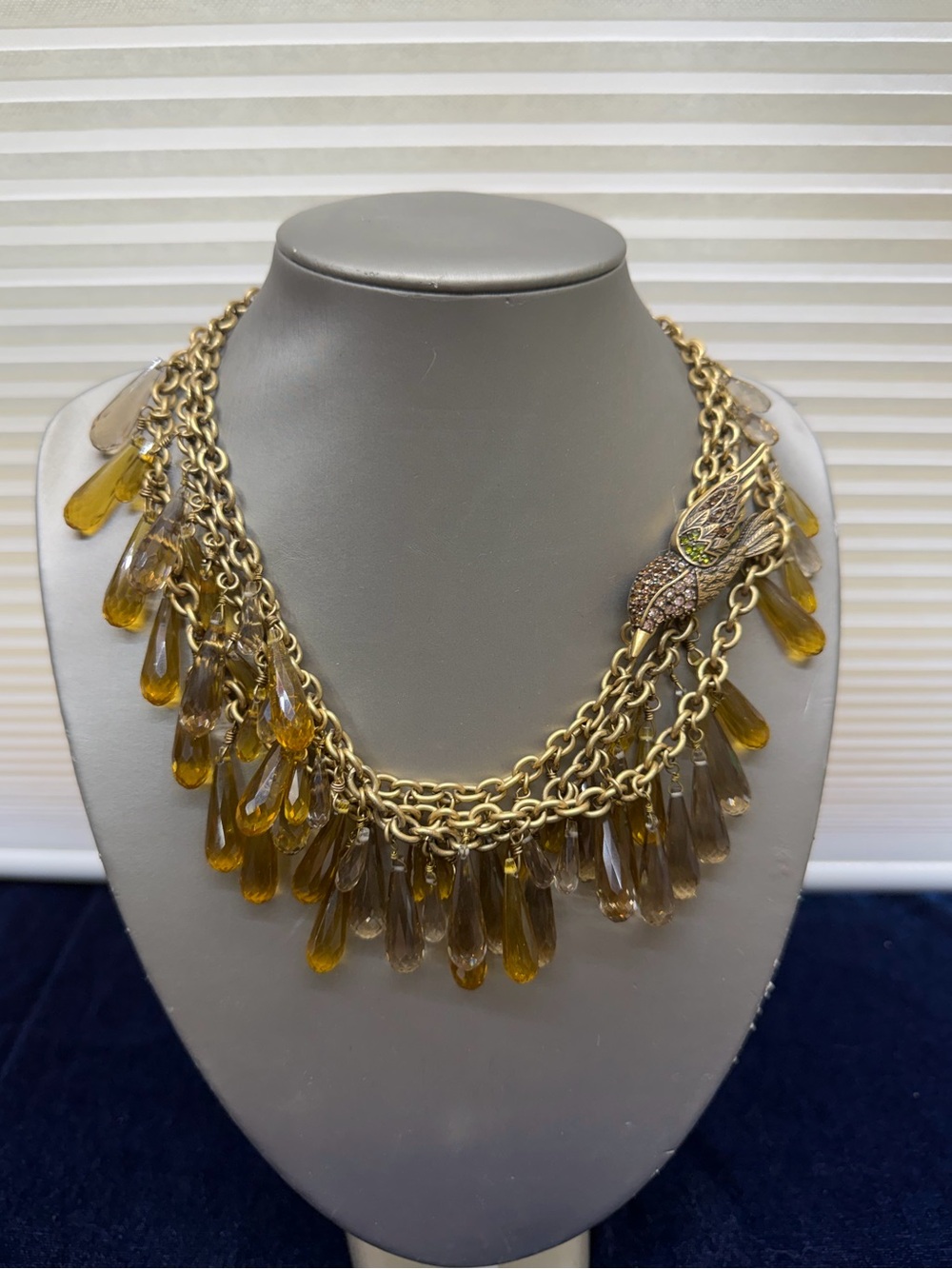 Ann Taylor Bird Statement Topaz Color Glass Dangles Necklace